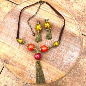 Choker Necklace w/ chain tassel beads & earrings